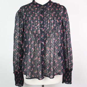 Free People Womens Small Floral Swiss Dot Pleated Sheer Blouse Top